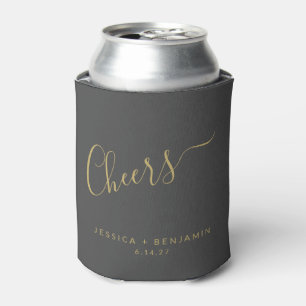 Cheers Minimalist Black and Gold Custom Wedding Can Cooler