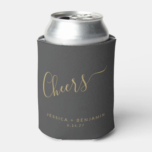 Cheers Minimalist Black and Gold Custom Wedding  Can Cooler