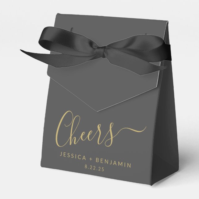 Cheers Minimalist Black and Gold Custom Wedding Favor Boxes (Front Side)