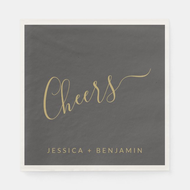 Cheers Minimalist Black and Gold Custom Wedding  Napkins (Front)