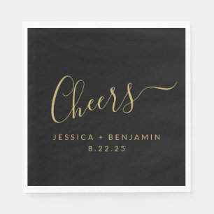 Cheers Minimalist Black and Gold Custom Wedding Napkins