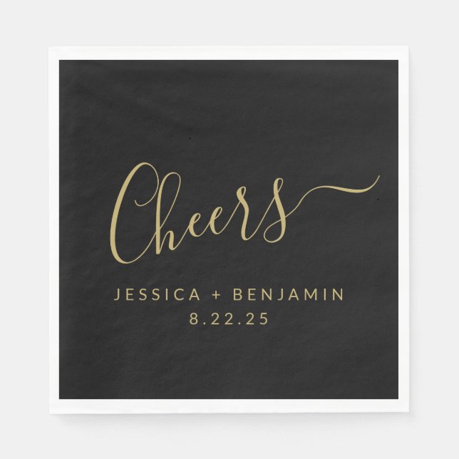Cheers Minimalist Black and Gold Custom Wedding Napkins (Front)