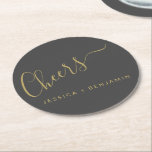 Cheers Minimalist Black and Gold Custom Wedding Round Paper Coaster<br><div class="desc">Personalized Cheers Minimalist Black and Gold Wedding Paper Coaster</div>