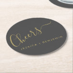 Cheers Minimalist Black and Gold Custom Wedding Round Paper Coaster<br><div class="desc">Personalized Cheers Minimalist Black and Gold Wedding Paper Coaster</div>