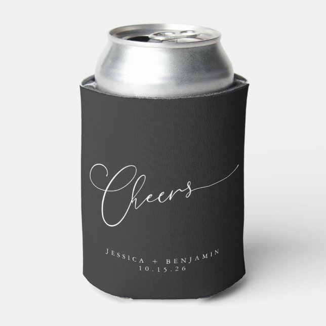 Cheers Minimalist Black Script Custom Wedding Can Cooler (Can Front)