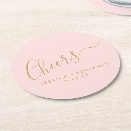 Cheers Minimalist Blush Pink Gold Custom Wedding Round Paper Coaster