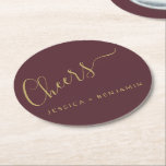 Cheers Minimalist Burgundy and Gold Custom Wedding Round Paper Coaster<br><div class="desc">Personalized Cheers Minimalist Burgundy and Gold Wedding Paper Coaster</div>