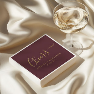 Cheers Minimalist Burgundy Gold Custom Wedding Napkins