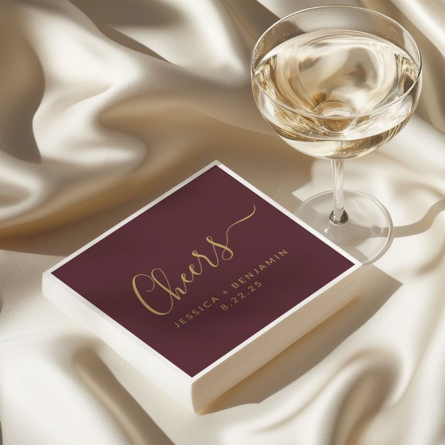 Cheers Minimalist Burgundy Gold Custom Wedding Napkins (Creator Uploaded)