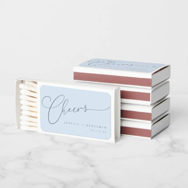 Cheers Minimalist Cool Blue Script Custom Wedding Matchboxes (Stacked)