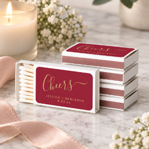 Cheers Minimalist Crimson Red Gold Custom Wedding Matchboxes