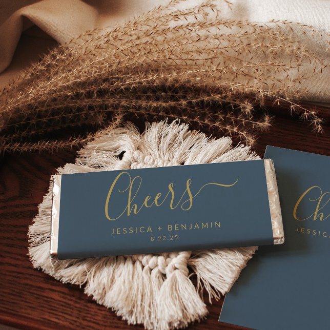 Cheers Minimalist Dusky Blue Gold Custom Wedding Hershey Bar Favors (Creator Uploaded)