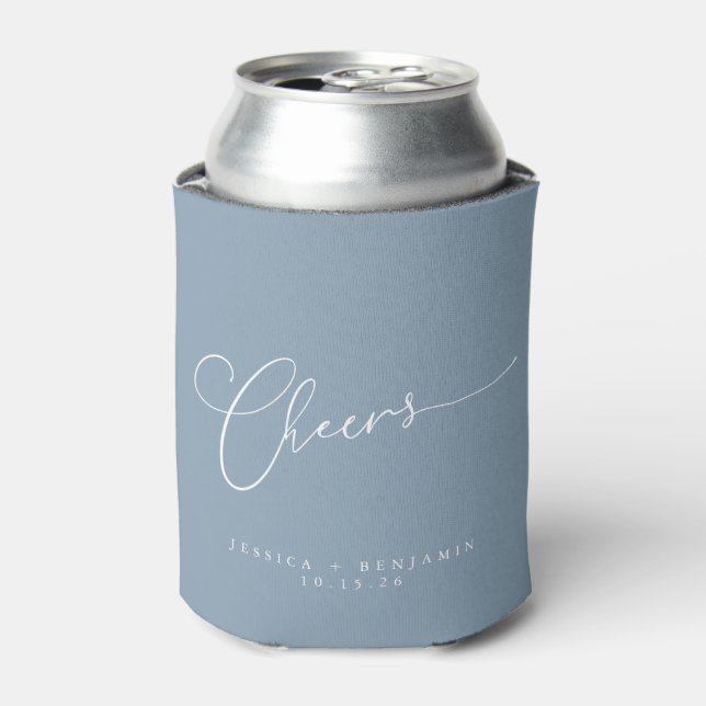 Cheers Minimalist Dusty Blue Script Custom Wedding Can Cooler (Can Front)