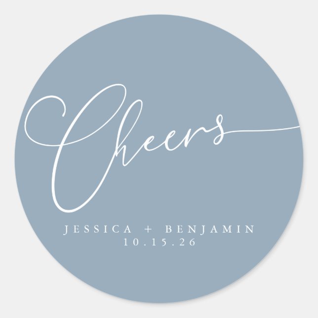 Cheers Minimalist Dusty Blue Script Custom Wedding Classic Round Sticker (Front)
