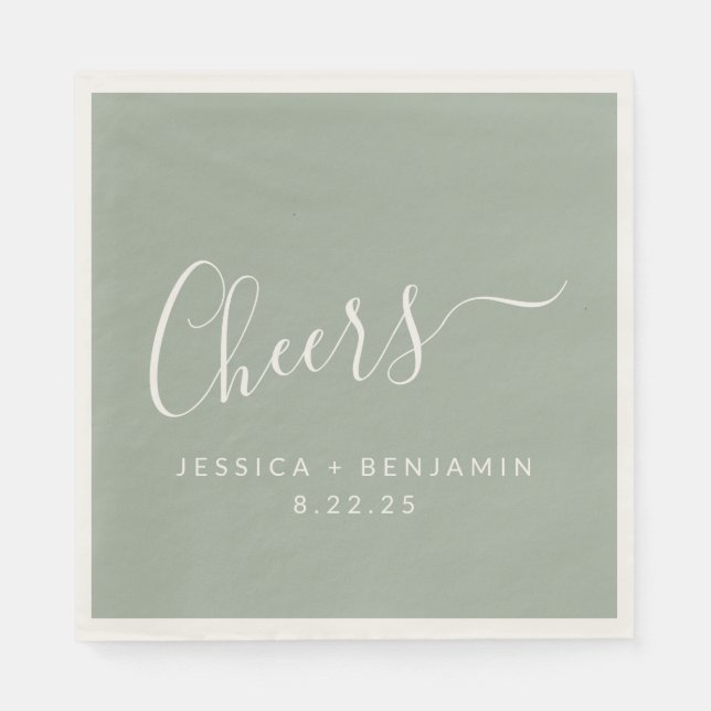Cheers Minimalist Dusty Sage Custom Wedding Napkins (Front)