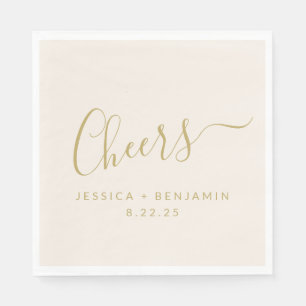 Cheers Minimalist Ecru and Gold Custom Wedding Napkins