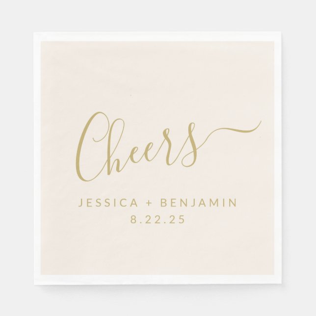 Cheers Minimalist Ecru and Gold Custom Wedding Napkins (Front)