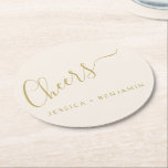 Cheers Minimalist Ecru and Gold Custom Wedding Round Paper Coaster<br><div class="desc">Personalized Cheers Minimalist Ecru and Gold Wedding Paper Coaster</div>