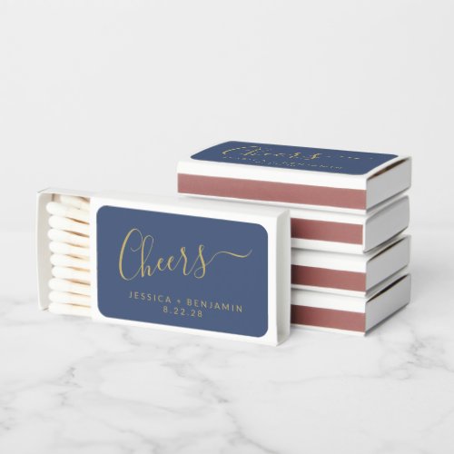 Cheers Minimalist Navy Blue Gold Custom Wedding Matchboxes