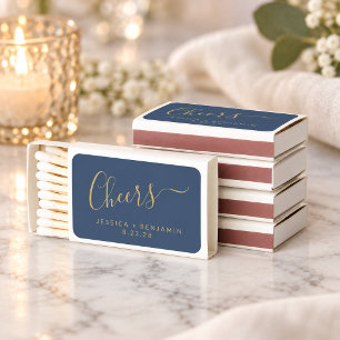 Cheers Minimalist Navy Blue Gold Custom Wedding  Matchboxes