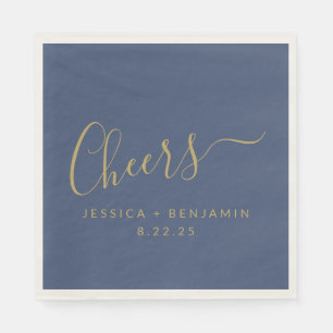 Cheers Minimalist Navy Blue Gold Custom Wedding Napkins