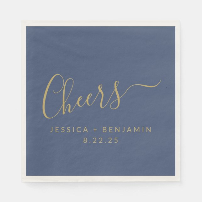 Cheers Minimalist Navy Blue Gold Custom Wedding Napkins (Front)