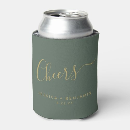 Cheers Minimalist Sage Green Gold Custom Wedding  Can Cooler