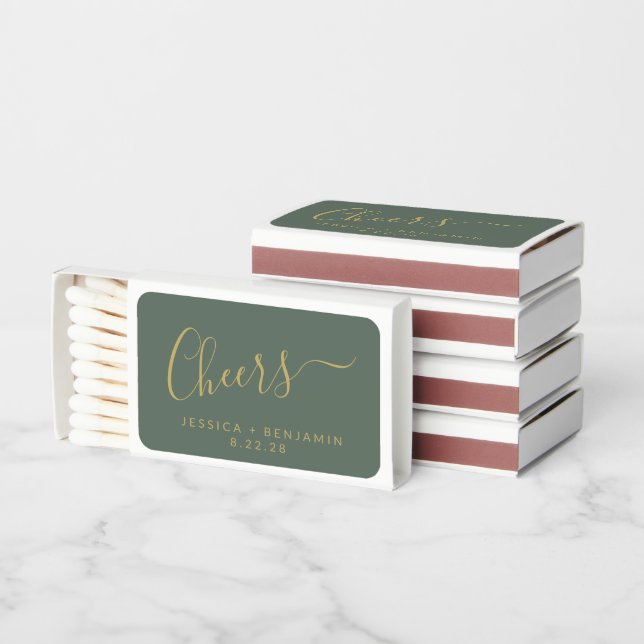 Cheers Minimalist Sage Green Gold Custom Wedding Matchboxes (Stacked)