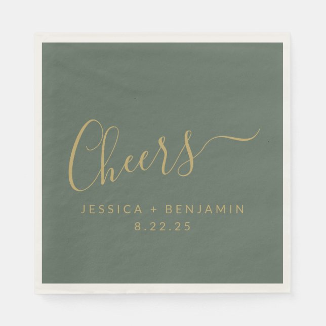 Cheers Minimalist Sage Green Gold Custom Wedding Napkins (Front)
