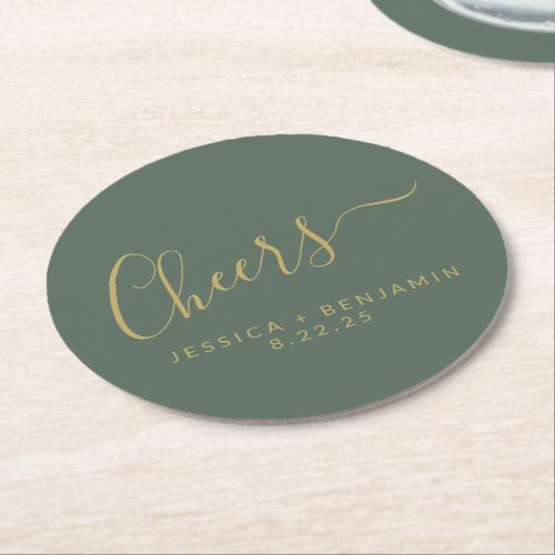 Cheers Minimalist Sage Green Gold Custom Wedding Round Paper Coaster