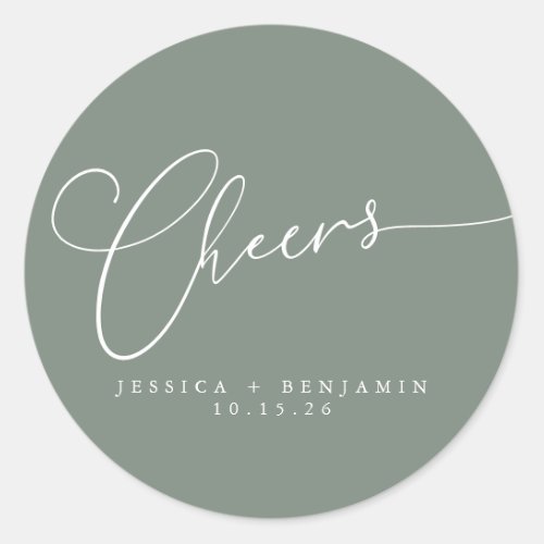 Cheers Minimalist Sage Script Custom Wedding Classic Round Sticker