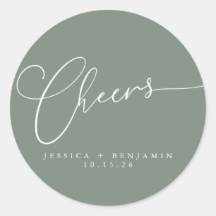 Cheers Minimalist Sage Script Custom Wedding Classic Round Sticker