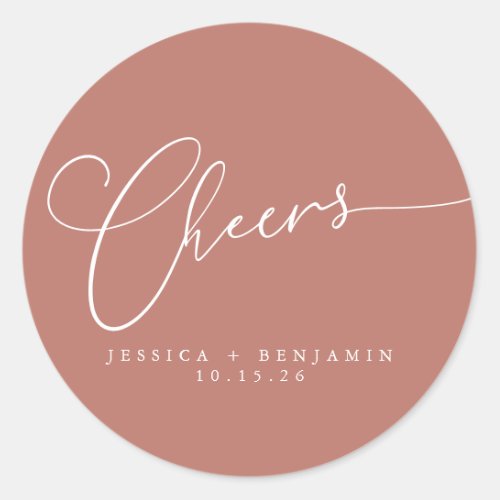 Cheers Minimalist Terracotta Script Custom Wedding Classic Round Sticker