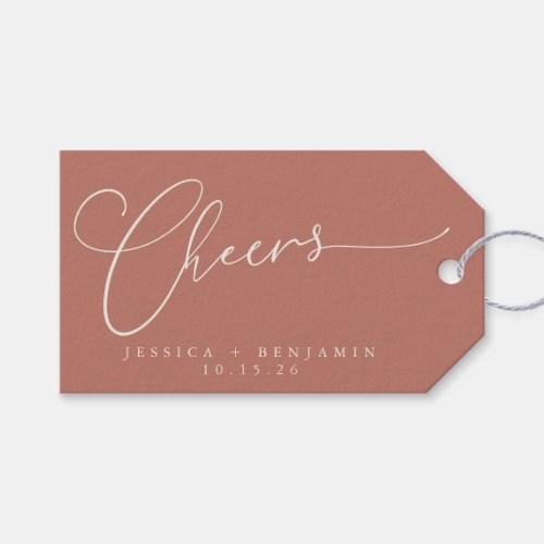 Cheers Minimalist Terracotta Script Custom Wedding Gift Tags