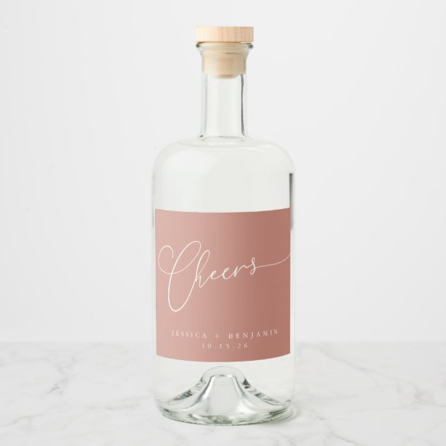 Cheers Minimalist Terracotta Script Custom Wedding Liquor Bottle Label (Front)
