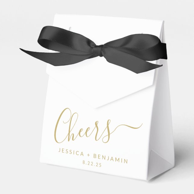 Cheers Minimalist White and Gold Custom Wedding Favor Boxes (Front Side)