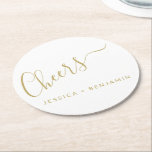 Cheers Minimalist White and Gold Custom Wedding Round Paper Coaster<br><div class="desc">Personalized Cheers Minimalist White and Gold Wedding Paper Coaster</div>