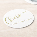Cheers Minimalist White and Gold Custom Wedding Round Paper Coaster<br><div class="desc">Personalized Cheers Minimalist White and Gold Wedding Paper Coaster</div>