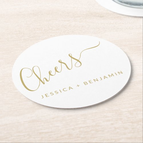 Cheers Minimalist White and Gold Custom Wedding Round Paper Coaster