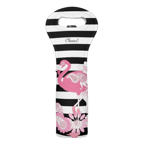 Cheers Modern Black and White Stripe Pink Flamingo Wine Bag