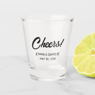 Cheers Modern Black Handwritten Wedding Favor Shot Glass