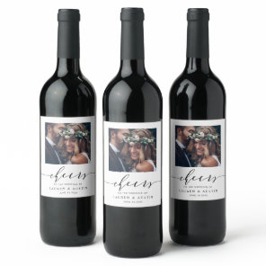 Cheers Modern Black Script Photo Wedding Wine Label