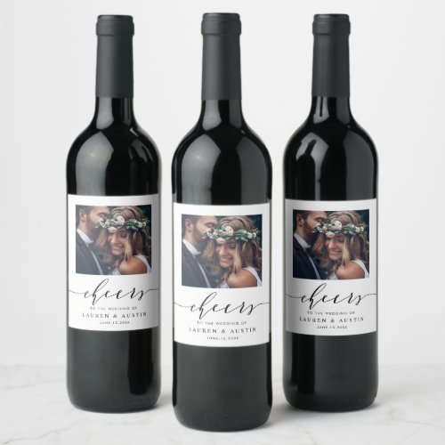 Cheers Modern Black Script Photo Wedding Wine Label
