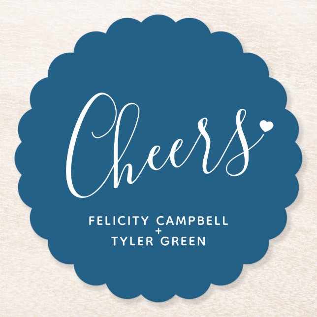 Cheers modern blue and white heart script coasters (Front)