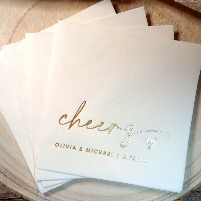 Cheers Modern Bride and Groom Wedding Gold Foil Napkins (Elegant handwriting personalized cheers wedding napkins in gold foil)