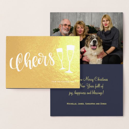 Cheers modern brushed script champagne flutes foil card