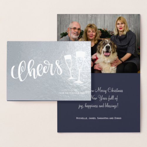 Cheers modern brushed script champagne flutes foil card
