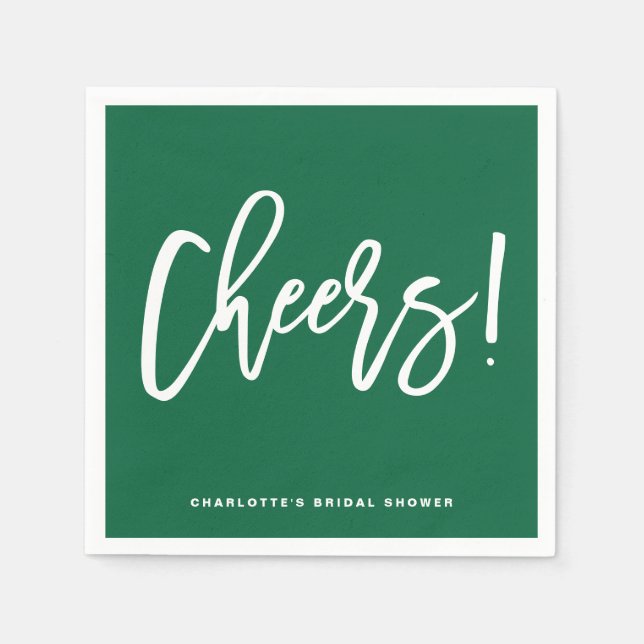 Cheers Modern Calligraphy Green Wedding Napkins (Front)