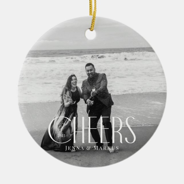 Cheers Modern Christmas Photo Minimal Design Ceramic Ornament (Front)