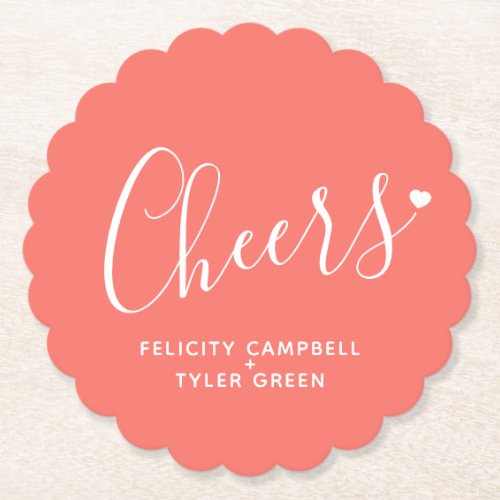 Cheers modern coral and white heart script paper coaster